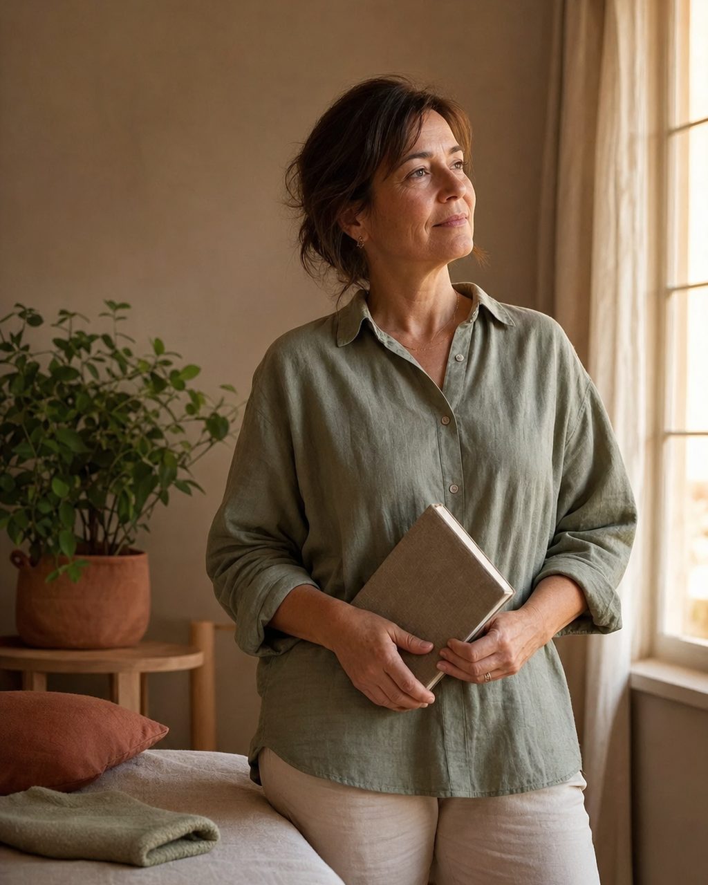 Portrait d'une personne d'une cinquantaine d'années exerçant comme praticien Access Bars, debout près d'une fenêtre, un carnet à la main, dans son cabinet