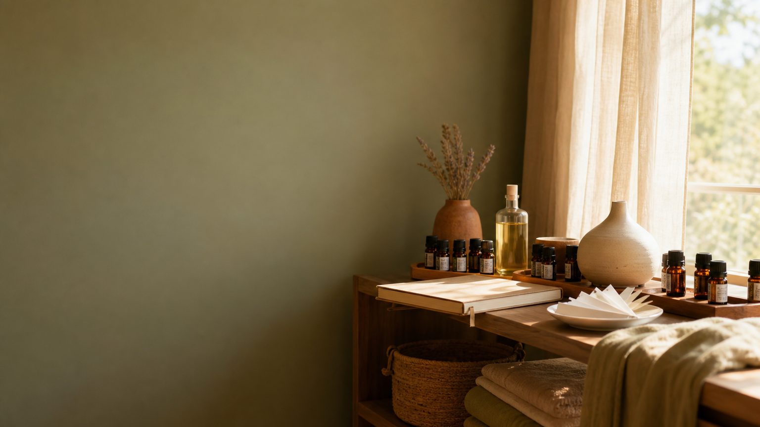 Coin de cabinet chaleureux associé au métier de aromathérapeute, baigné d'une lumière dorée de fin d'après-midi