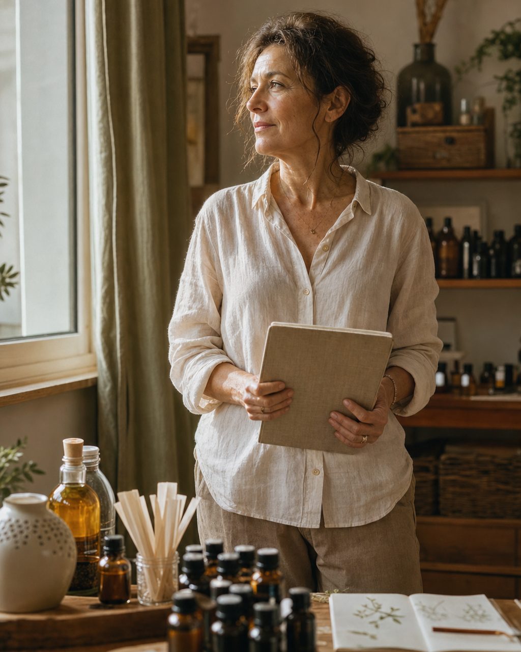Portrait d'une personne d'une cinquantaine d'années exerçant comme aromathérapeute, debout près d'une fenêtre, un carnet à la main, dans son cabinet