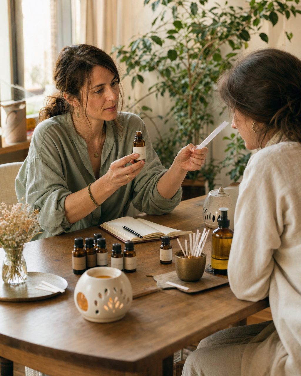Un moment de consultation avec une personne exerçant comme aromathérapeute, dans un cabinet chaleureux
