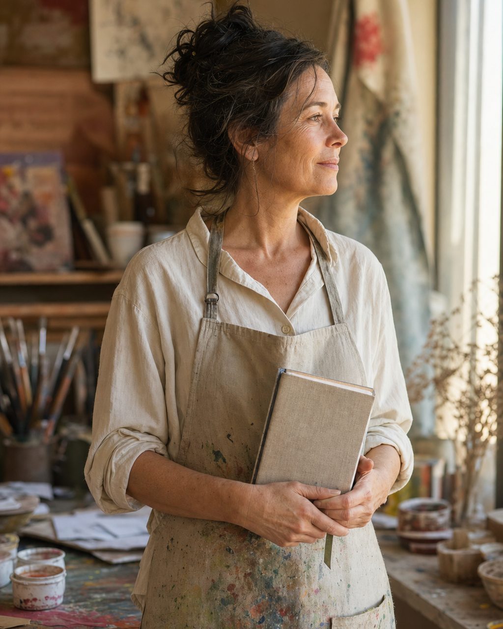 Portrait d'une personne d'une cinquantaine d'années exerçant comme art-thérapeute, debout près d'une fenêtre, un carnet à la main, dans son cabinet