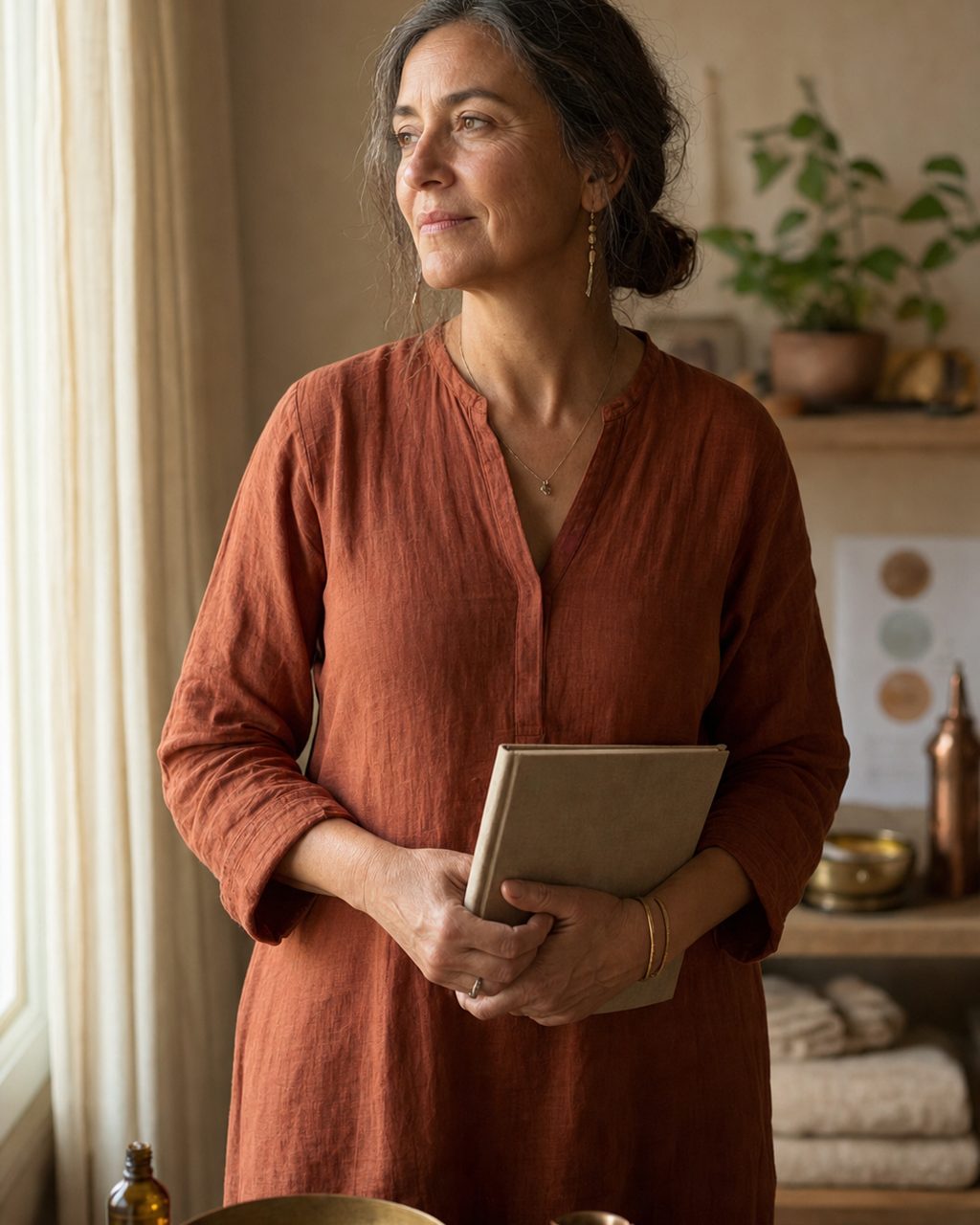 Portrait d'une personne d'une cinquantaine d'années exerçant comme praticien en ayurvéda, debout près d'une fenêtre, un carnet à la main, dans son cabinet