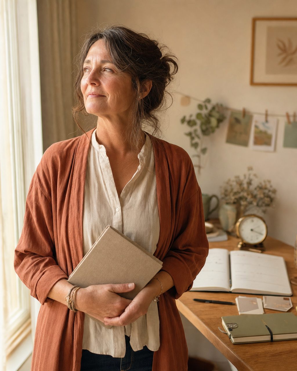 Portrait d'une personne d'une cinquantaine d'années exerçant comme coach de vie, debout près d'une fenêtre, un carnet à la main, dans son cabinet