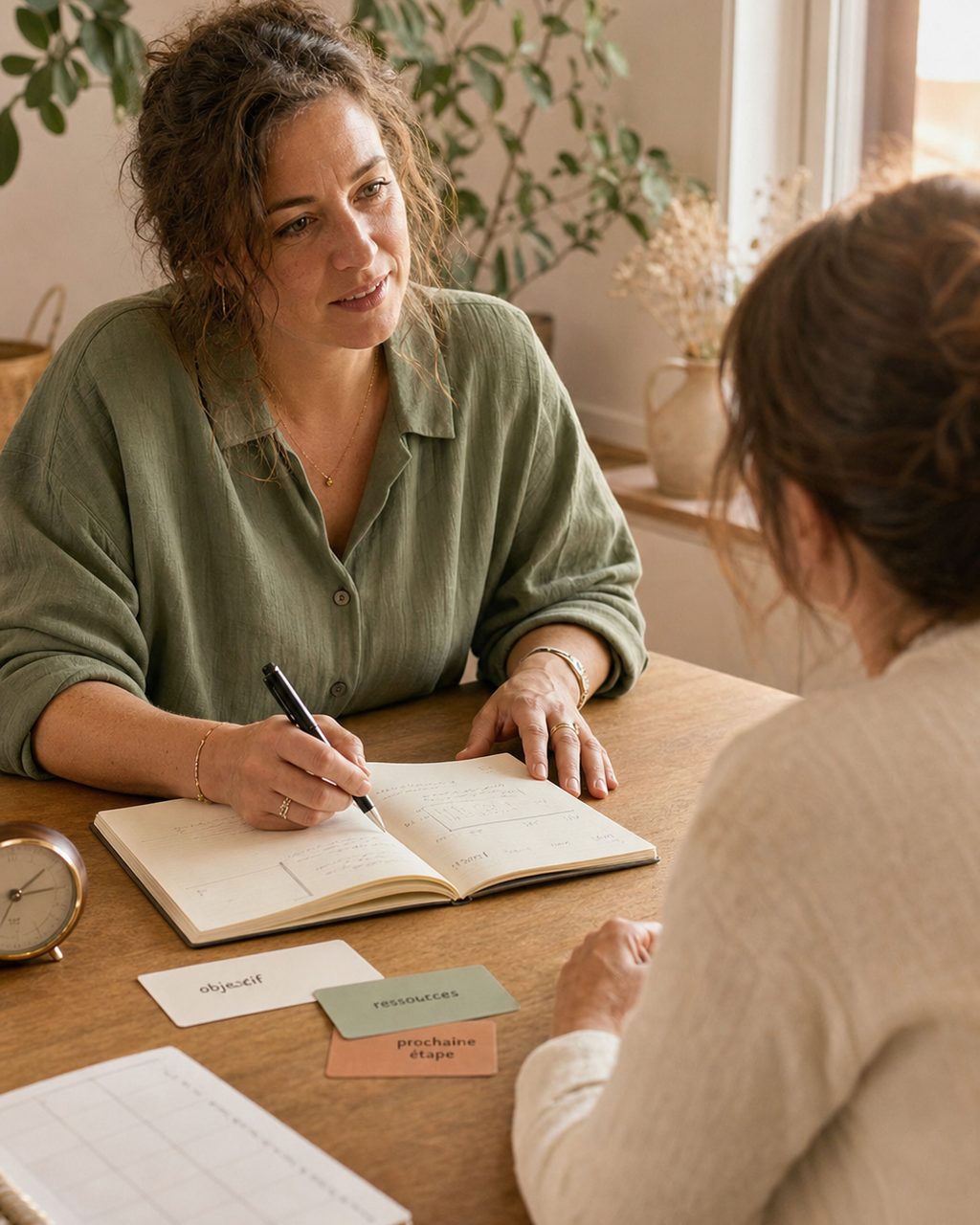 Un moment de consultation avec une personne exerçant comme coach de vie, dans un cabinet chaleureux