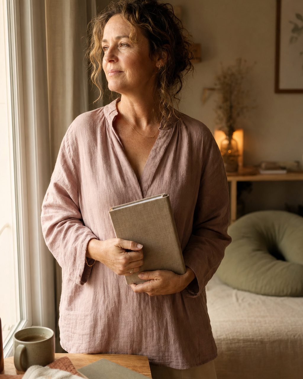 Portrait d'une personne d'une cinquantaine d'années exerçant comme doula, debout près d'une fenêtre, un carnet à la main, dans son cabinet