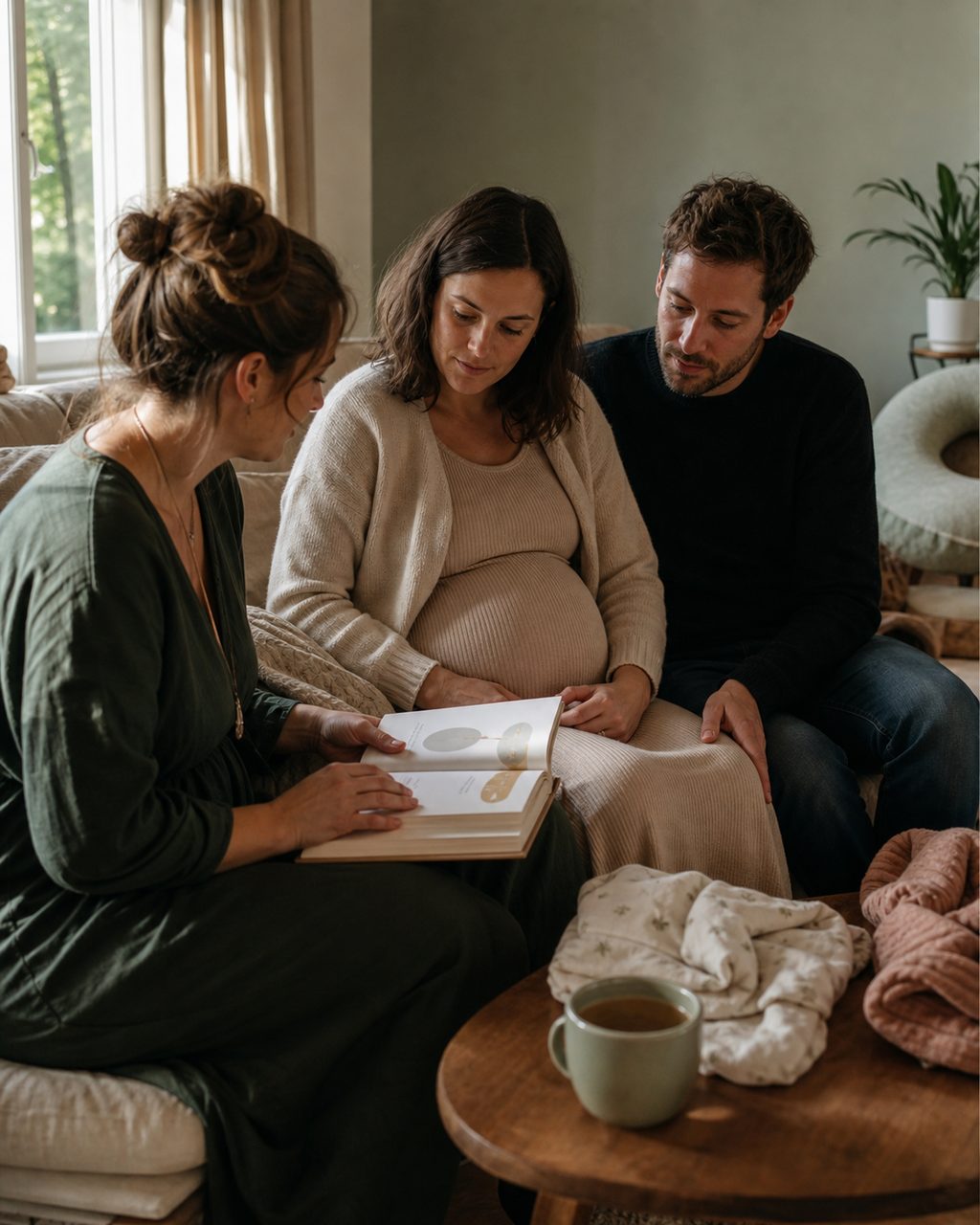 Un moment de consultation avec une personne exerçant comme doula, dans un cabinet chaleureux