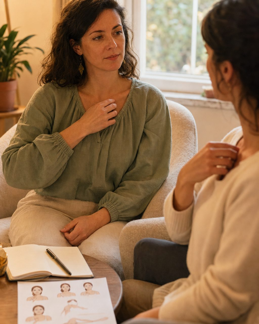 Un moment de consultation avec une personne exerçant comme praticien EFT, dans un cabinet chaleureux