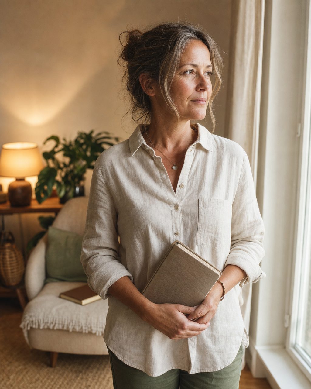 Portrait d'une personne d'une cinquantaine d'années exerçant comme énergéticien, debout près d'une fenêtre, un carnet à la main, dans son cabinet