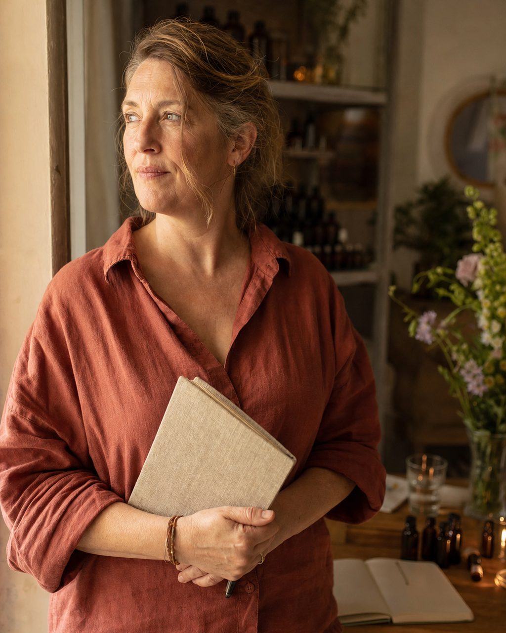 Portrait d'une personne d'une cinquantaine d'années exerçant comme conseiller en Fleurs de Bach, debout près d'une fenêtre, un carnet à la main, dans son cabinet