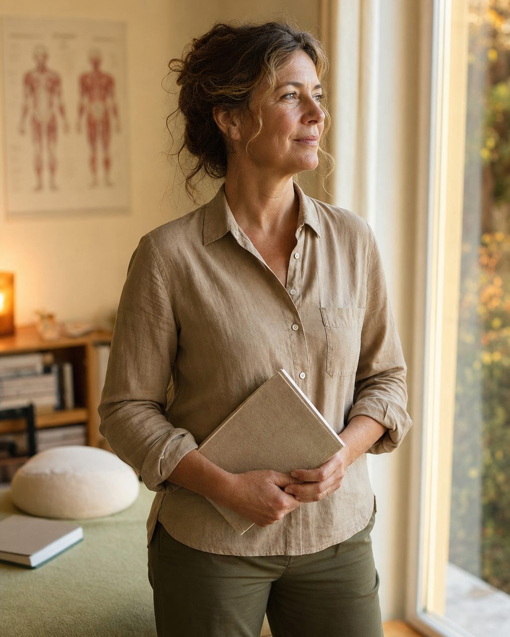 Portrait d'une personne d'une cinquantaine d'années exerçant comme kinésiologue, debout près d'une fenêtre, un carnet à la main, dans son cabinet