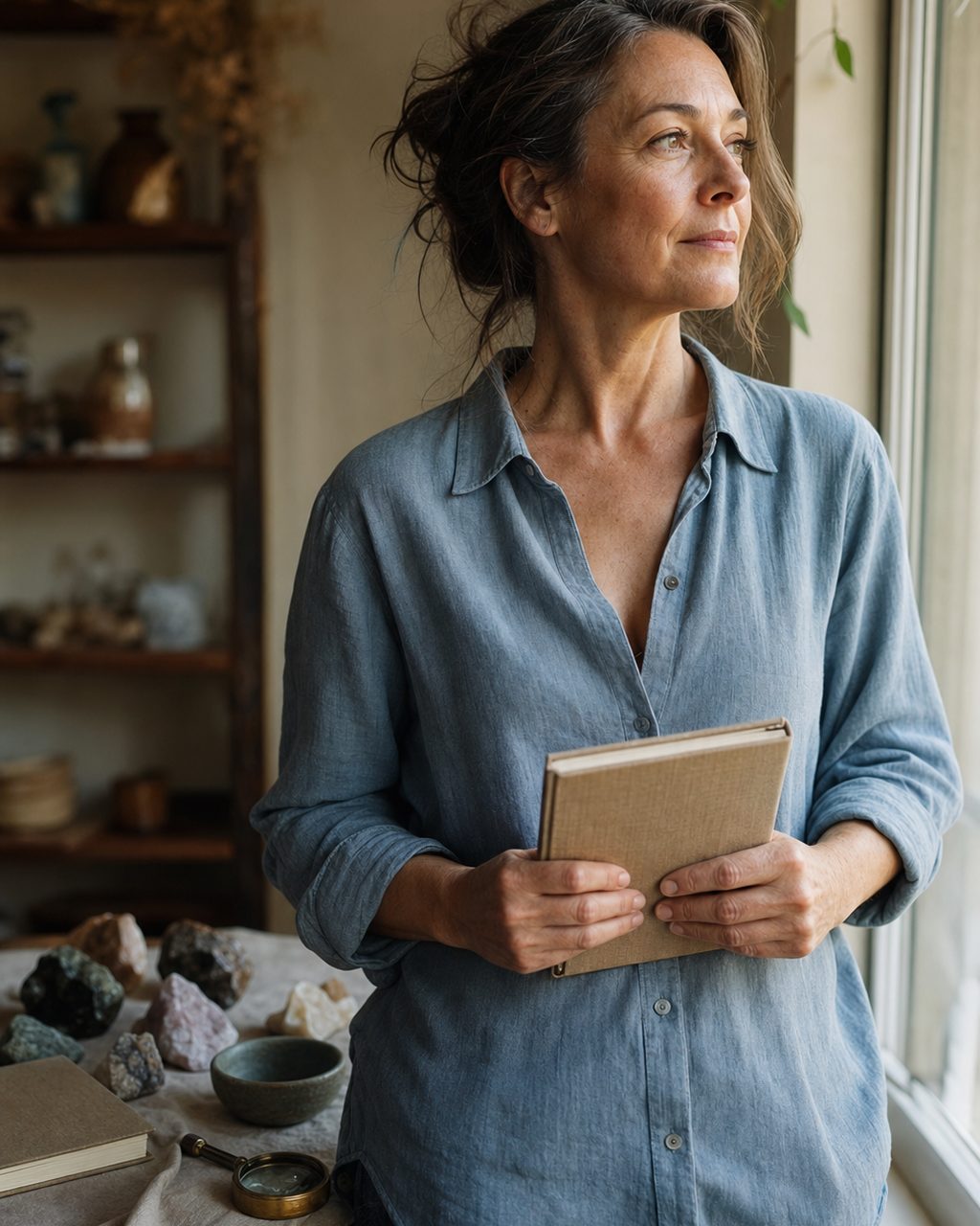Portrait d'une personne d'une cinquantaine d'années exerçant comme praticien en lithothérapie, debout près d'une fenêtre, un carnet à la main, dans son cabinet