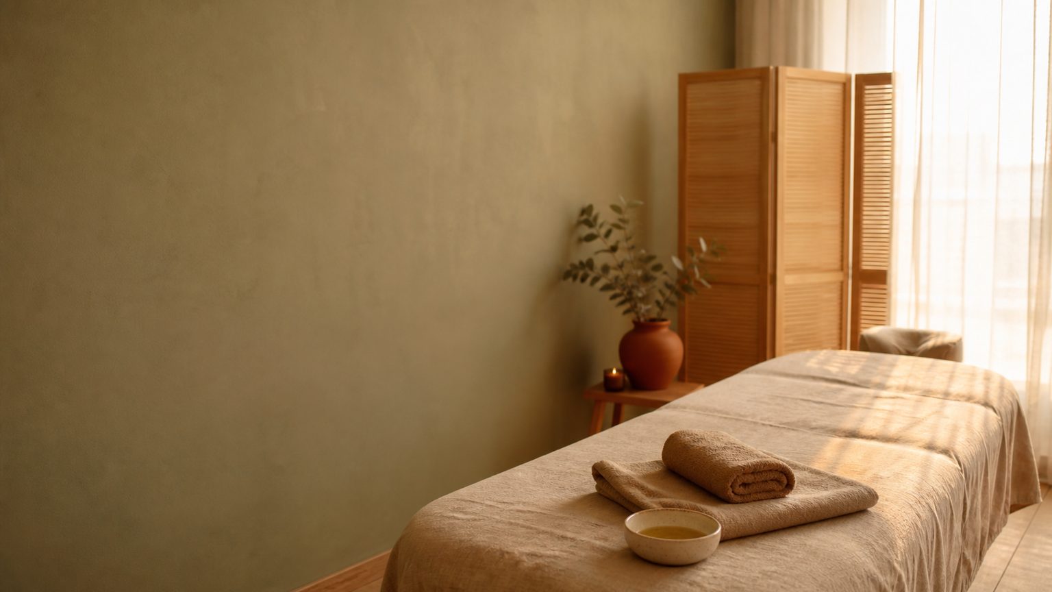 Coin de cabinet chaleureux associé au métier de praticien en massage bien-être, baigné d'une lumière dorée de fin d'après-midi