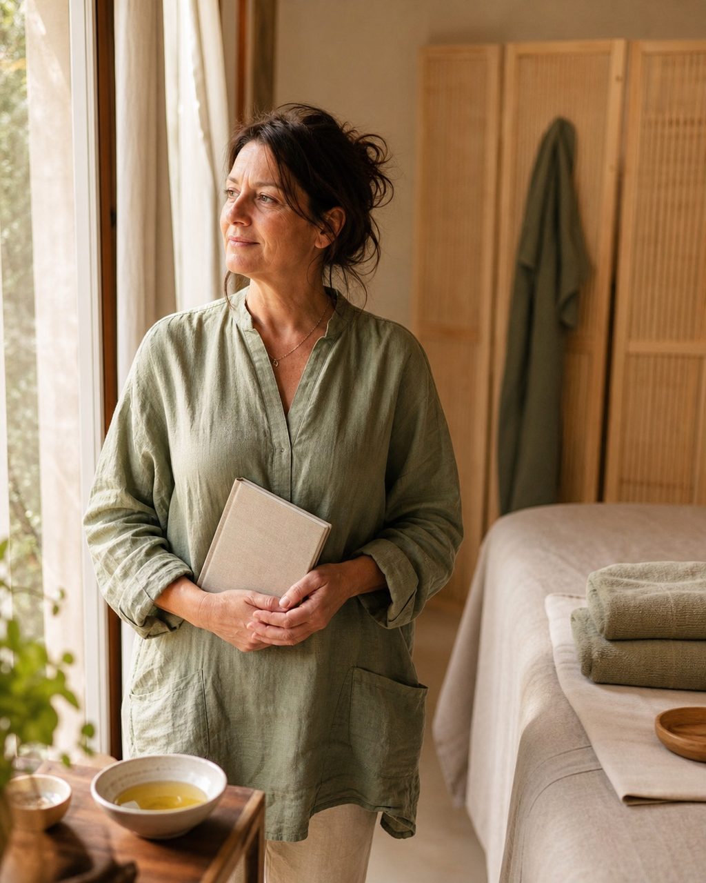 Portrait d'une personne d'une cinquantaine d'années exerçant comme praticien en massage bien-être, debout près d'une fenêtre, un carnet à la main, dans son cabinet