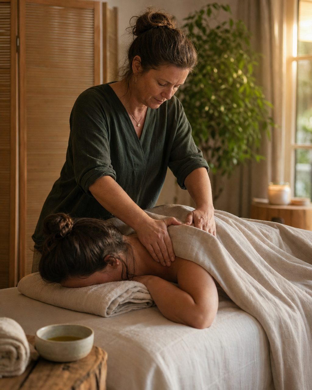 Un moment de consultation avec une personne exerçant comme praticien en massage bien-être, dans un cabinet chaleureux