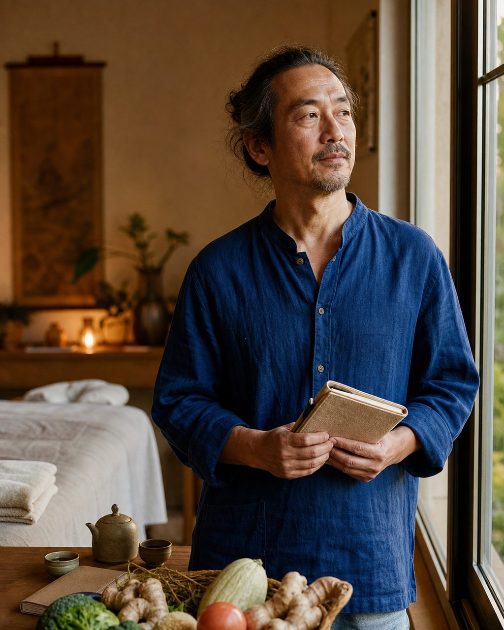 Portrait d'une personne d'une cinquantaine d'années exerçant comme praticien en médecine chinoise, debout près d'une fenêtre, un carnet à la main, dans son cabinet
