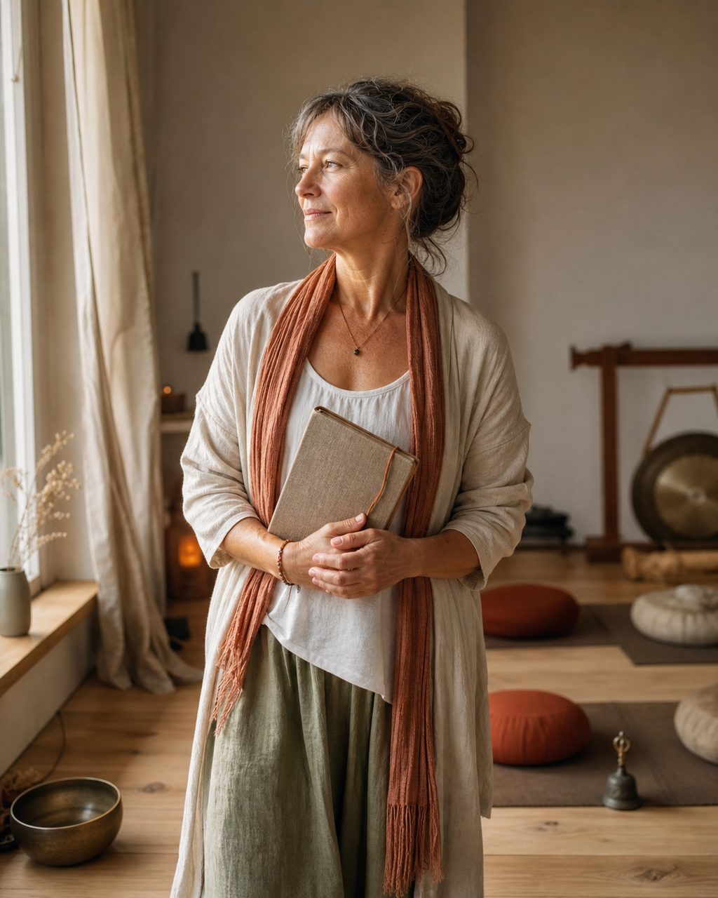 Portrait d'une personne d'une cinquantaine d'années exerçant comme professeur de méditation, debout près d'une fenêtre, un carnet à la main, dans son cabinet