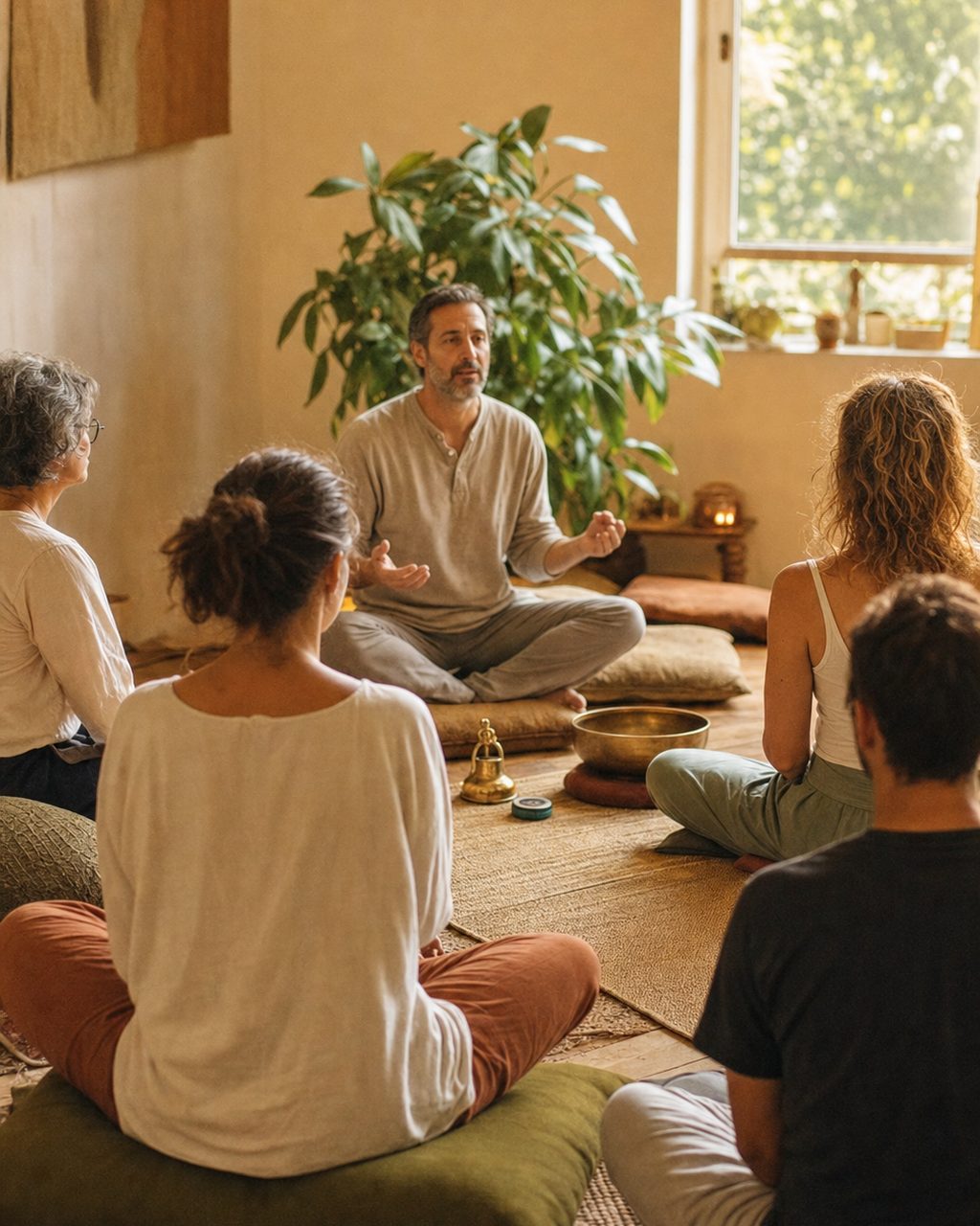 Un moment de consultation avec une personne exerçant comme professeur de méditation, dans un cabinet chaleureux