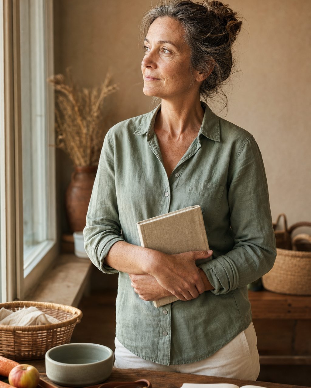 Portrait d'une personne d'une cinquantaine d'années exerçant comme naturopathe animalier, debout près d'une fenêtre, un carnet à la main, dans son cabinet