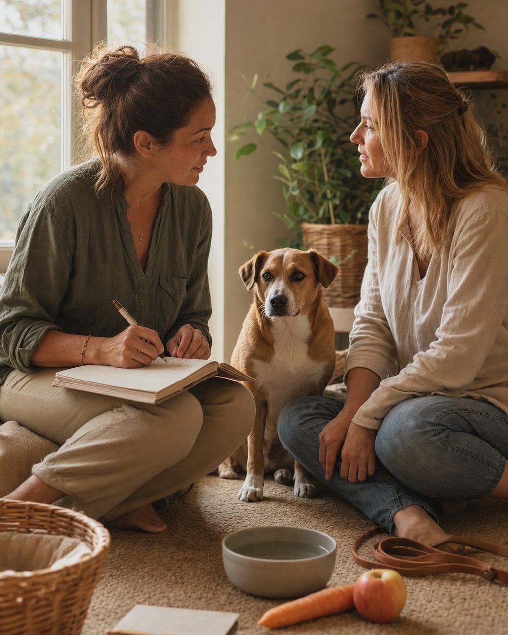 Un moment de consultation avec une personne exerçant comme naturopathe animalier, dans un cabinet chaleureux