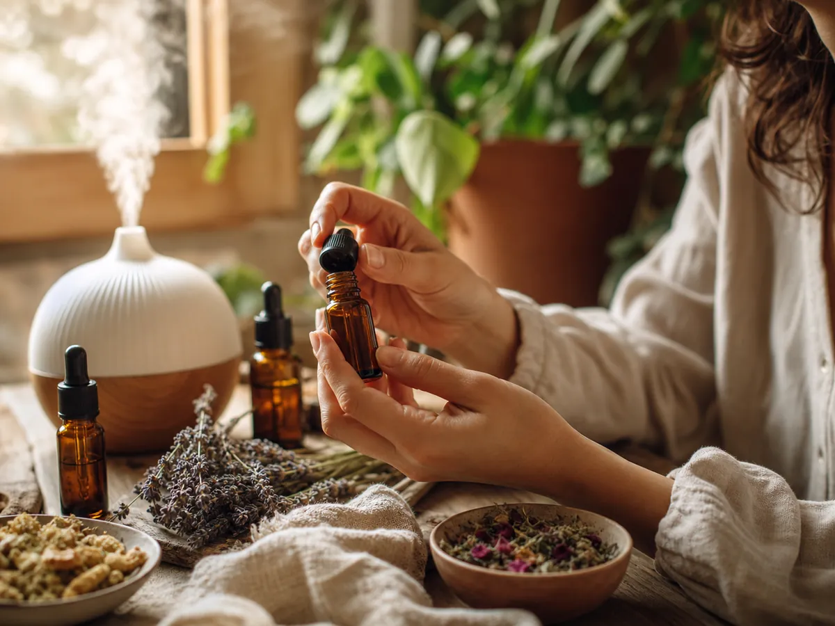 Aromathérapeute présentant des huiles essentielles dans son cabinet