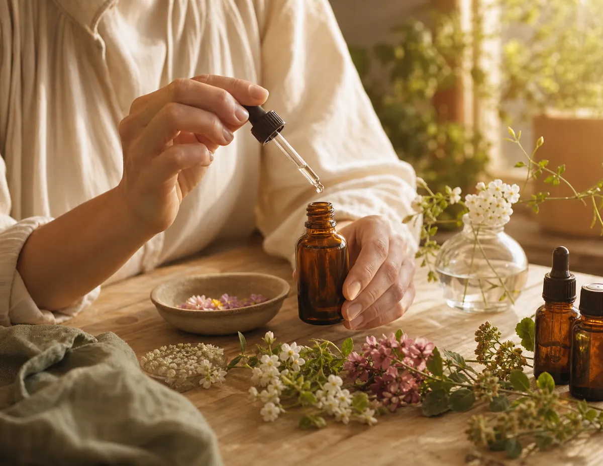 Conseiller en Fleurs de Bach préparant un mélange floral personnalisé