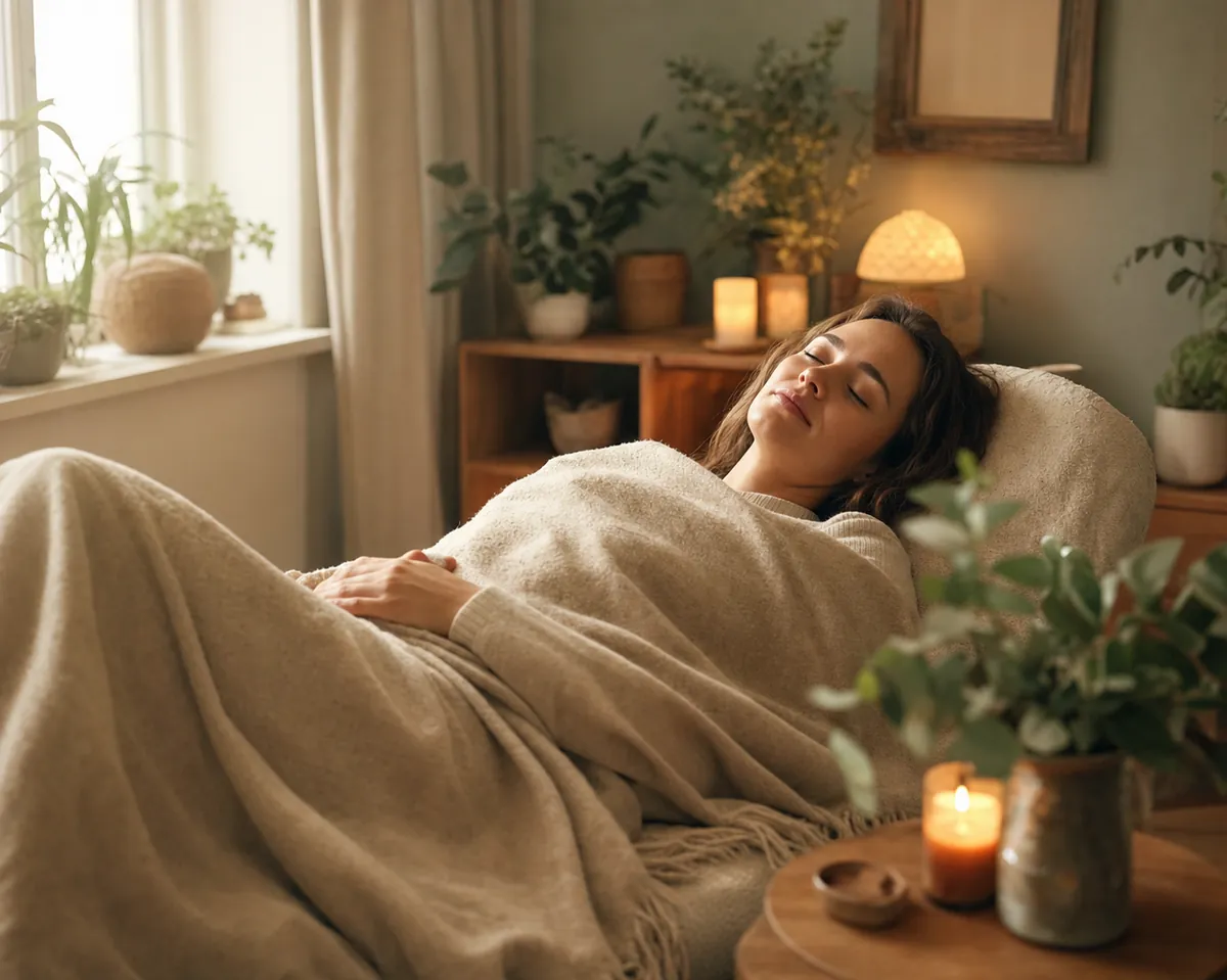 Relaxologue guidant une séance de relaxation, personne allongée détendue