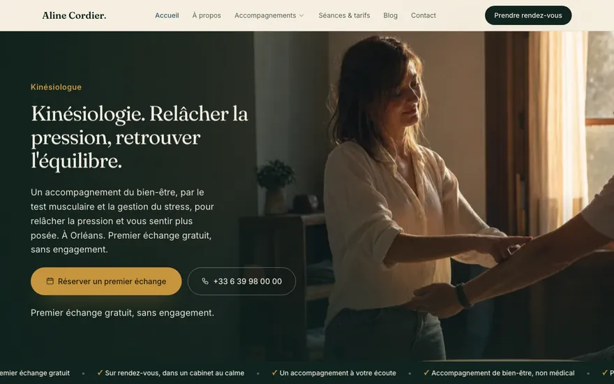 Site de kinésiologue à Orléans, ambiance Cinématique : immersif, plein cadre