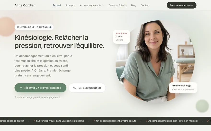 Site de kinésiologue à Orléans, ambiance Organique : doux, épuré