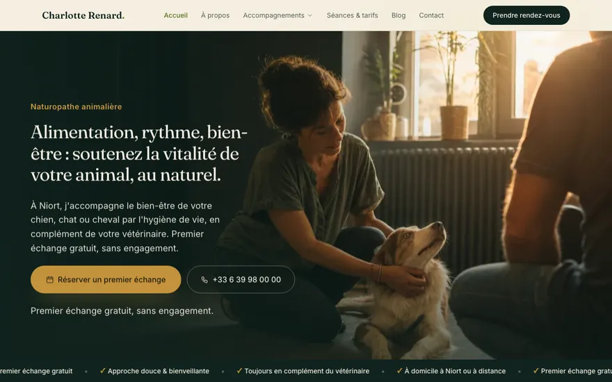 Site de naturopathe animalier à Niort, ambiance Cinématique : immersif, plein cadre