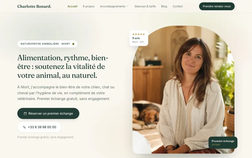 Site de naturopathe animalier à Niort, ambiance Cocon : chaleureux, arrondi