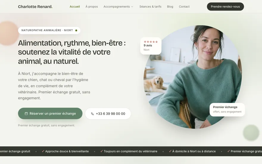 Site de naturopathe animalier à Niort, ambiance Organique : doux, épuré