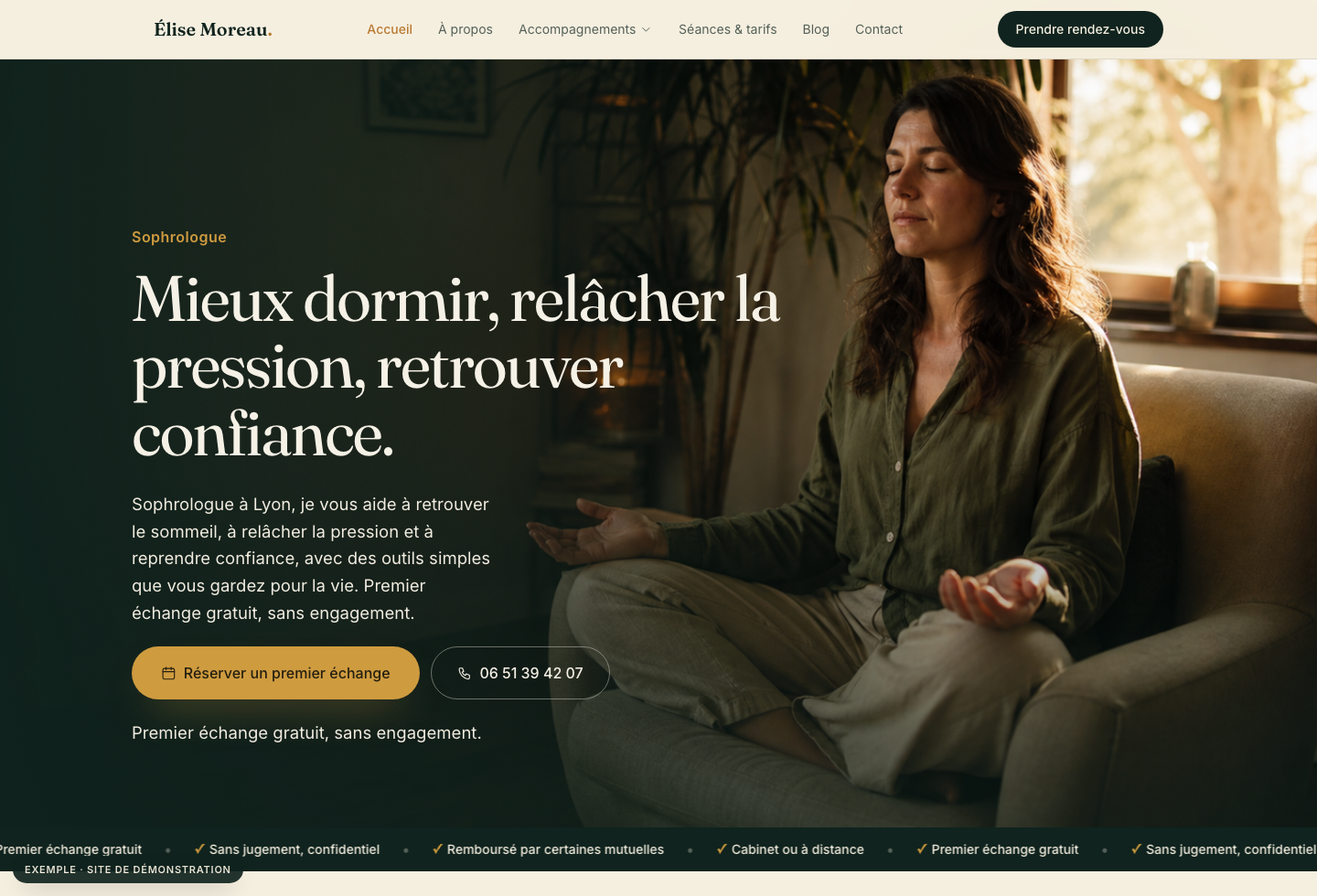 Site de sophrologue, style Cinématique : photo plein cadre, ambiance immersive et premium