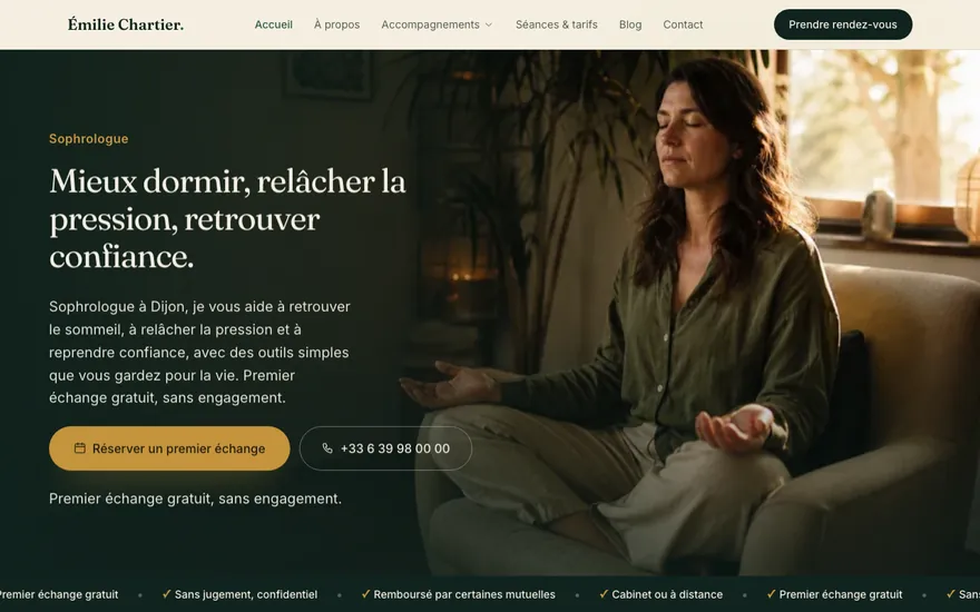 Site de sophrologue à Dijon, ambiance Cinématique : immersif, plein cadre