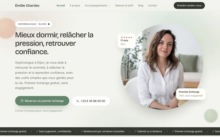 Site de sophrologue à Dijon, ambiance Organique : doux, épuré