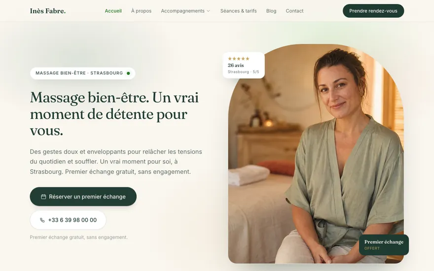 Exemple de site de massage bien-être à Strasbourg, ambiance Cocon