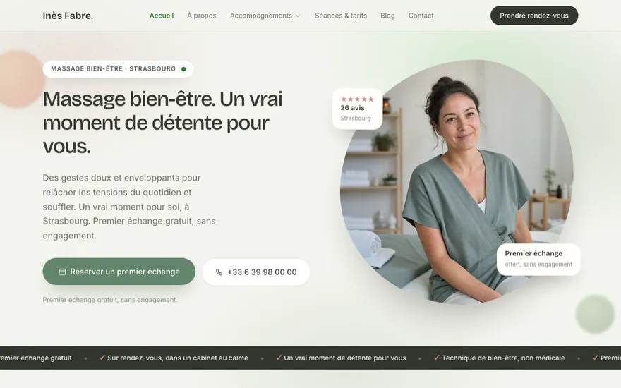 Exemple de site de massage bien-être à Strasbourg, ambiance Organique