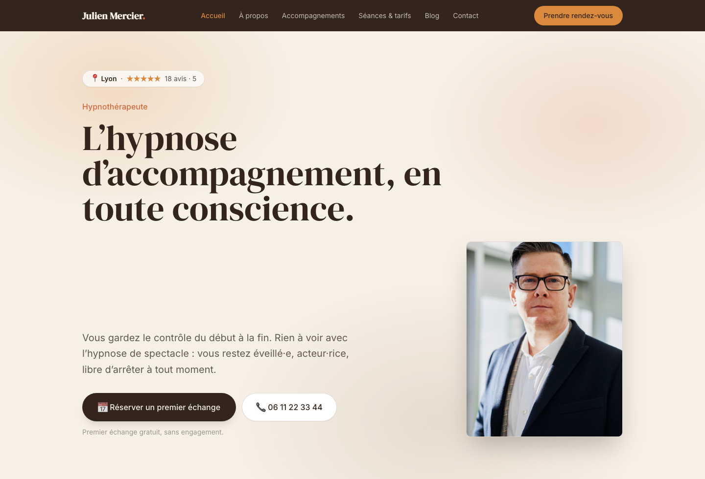 Exemple de site d'hypnothérapeute à Lyon réalisé par therapeute.club