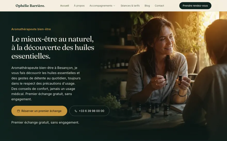 Site de aromathérapeute à Besançon, ambiance Cinématique : immersif, plein cadre