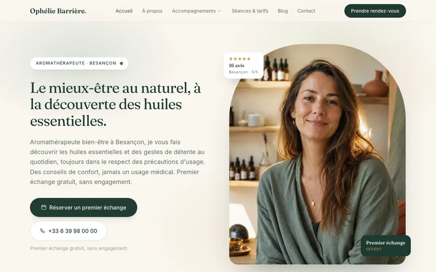 Site de aromathérapeute à Besançon, ambiance Cocon : chaleureux, arrondi
