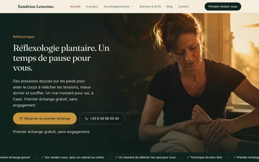 Site de réflexologue à Caen, ambiance Cinématique : immersif, plein cadre