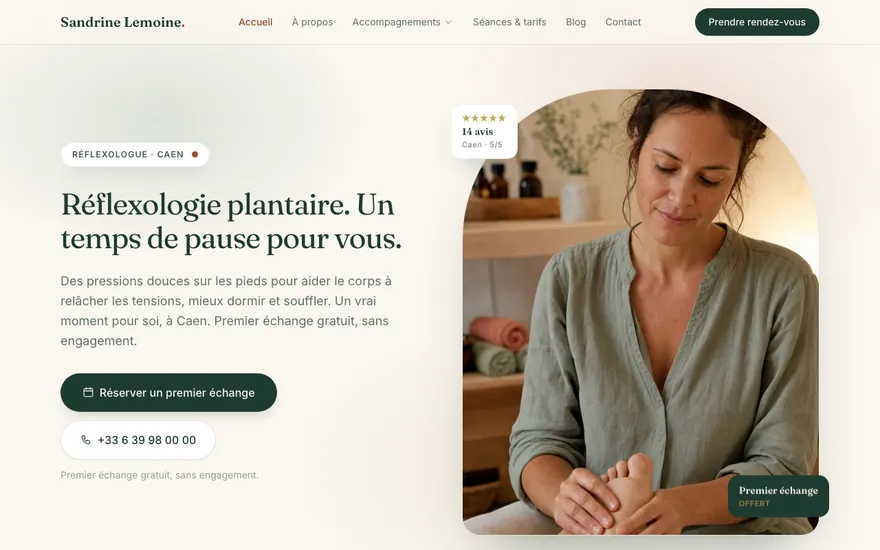 Site de réflexologue à Caen, ambiance Cocon : chaleureux, arrondi