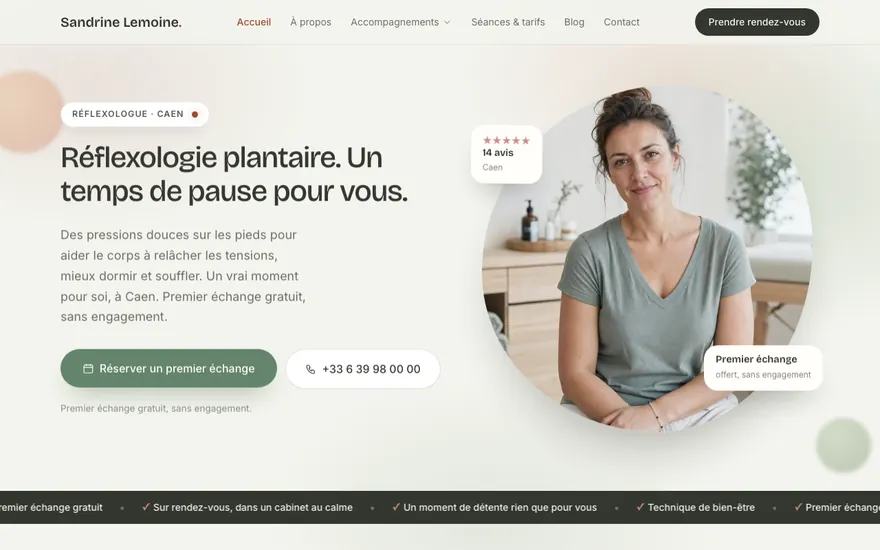 Site de réflexologue à Caen, ambiance Organique : doux, épuré