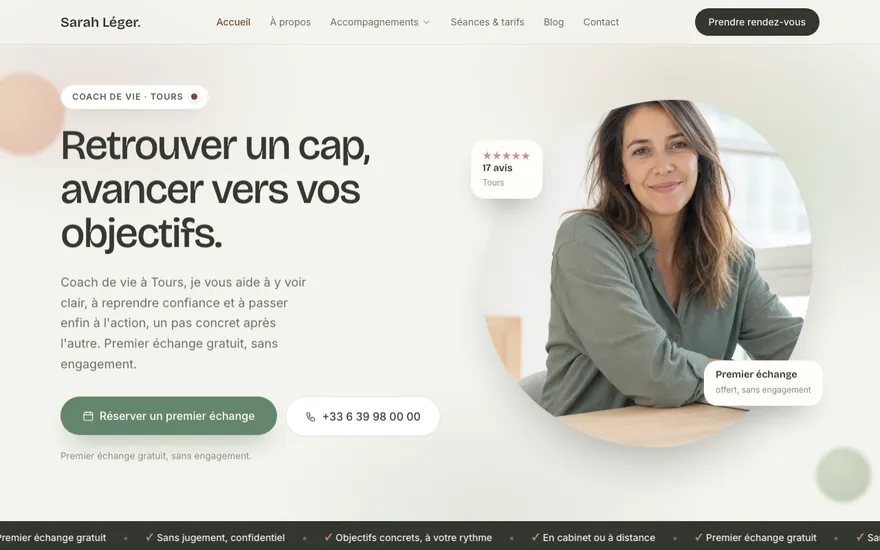 Site de coach de vie à Tours, ambiance Organique : doux, épuré