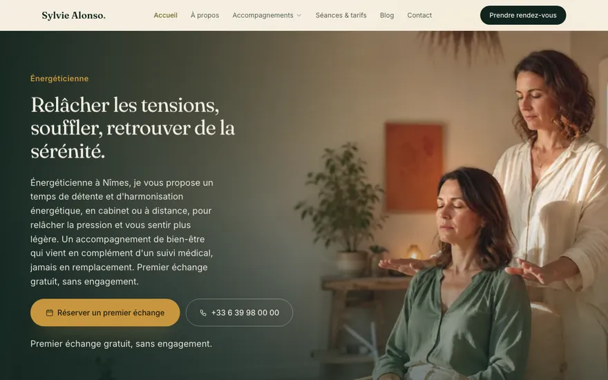 Site d'énergéticienne à Nîmes, ambiance Cinématique : immersif, plein cadre
