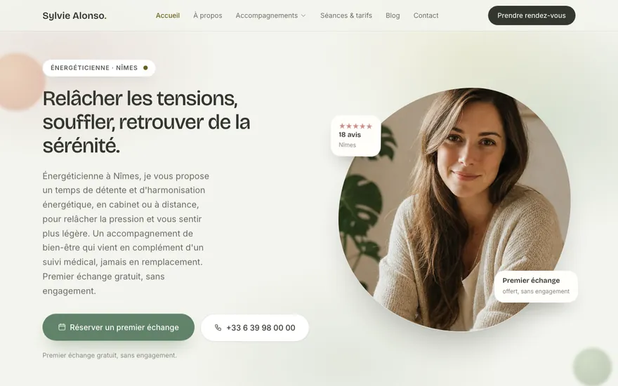 Site d'énergéticienne à Nîmes, ambiance Organique : doux, épuré